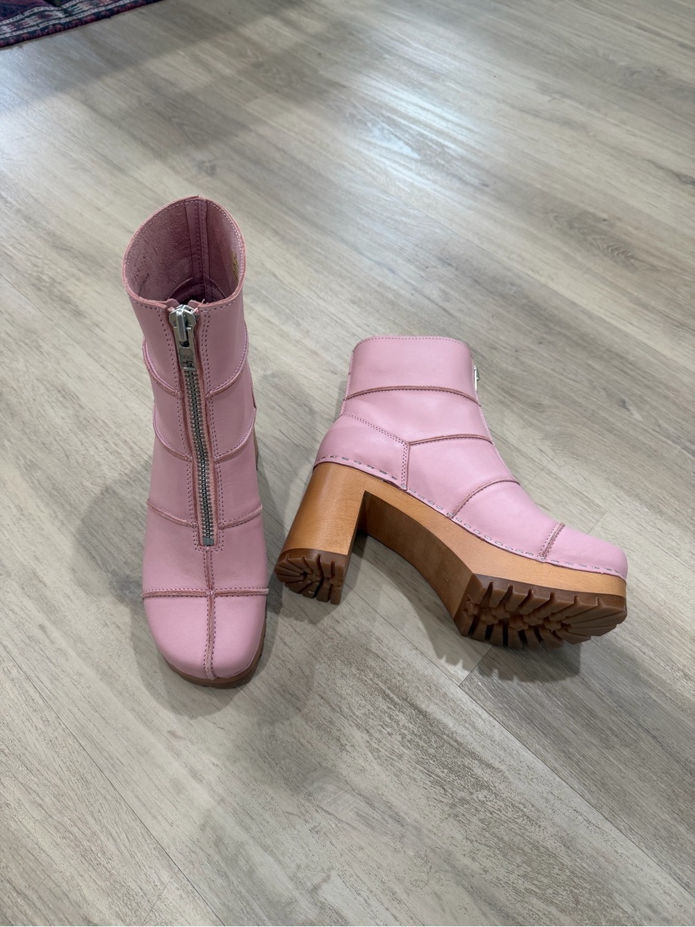 Swedish Hasbeens Pink Platform Ankle Boots with Wooden Block Heel